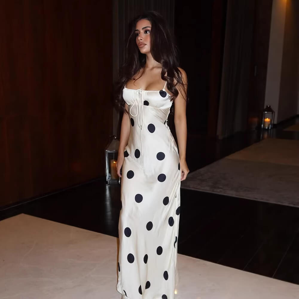 Polka Dot Ruched Strap Maxi Dress