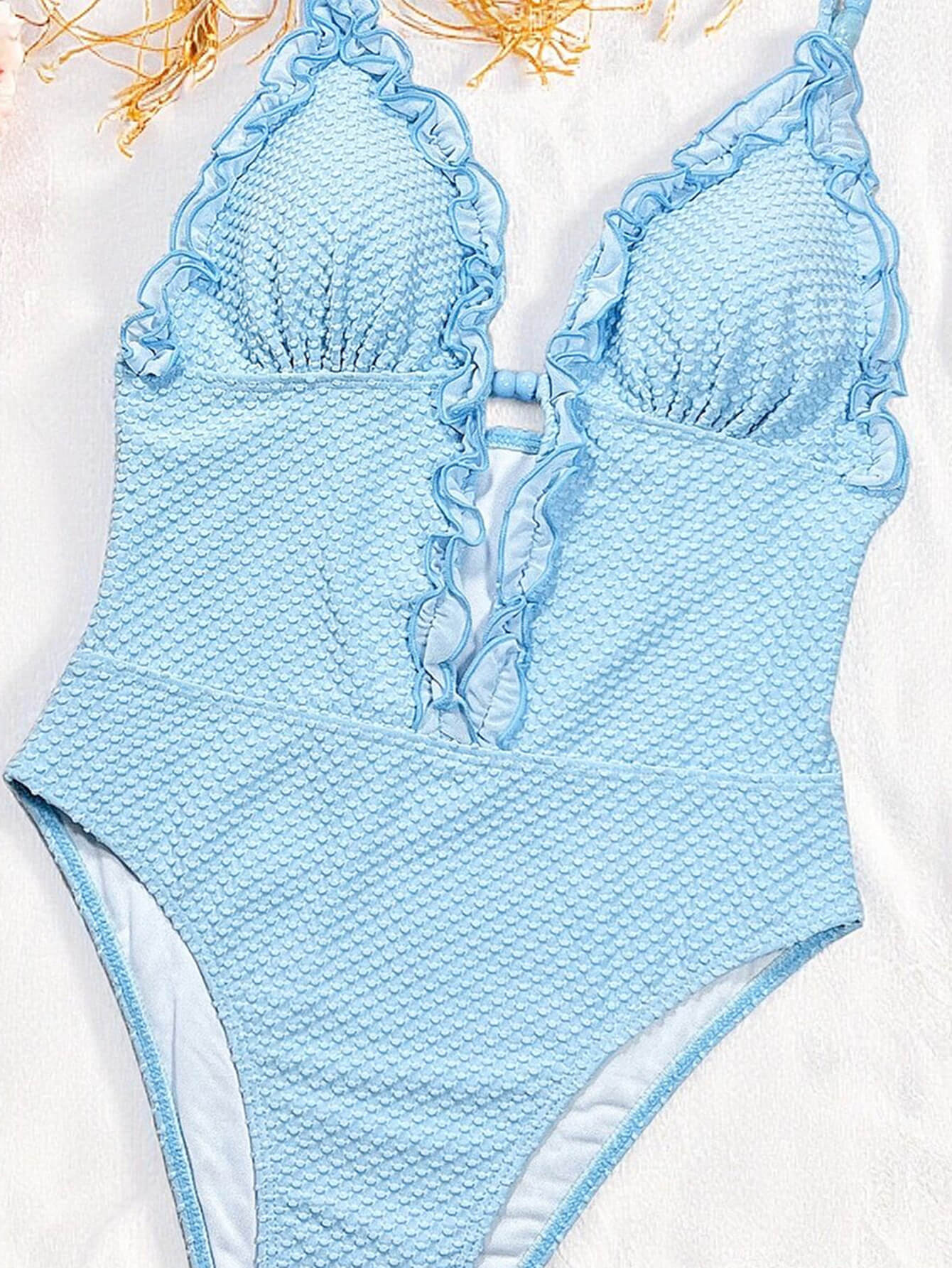Light Blue Lace-Up Ruffle Bikini Set