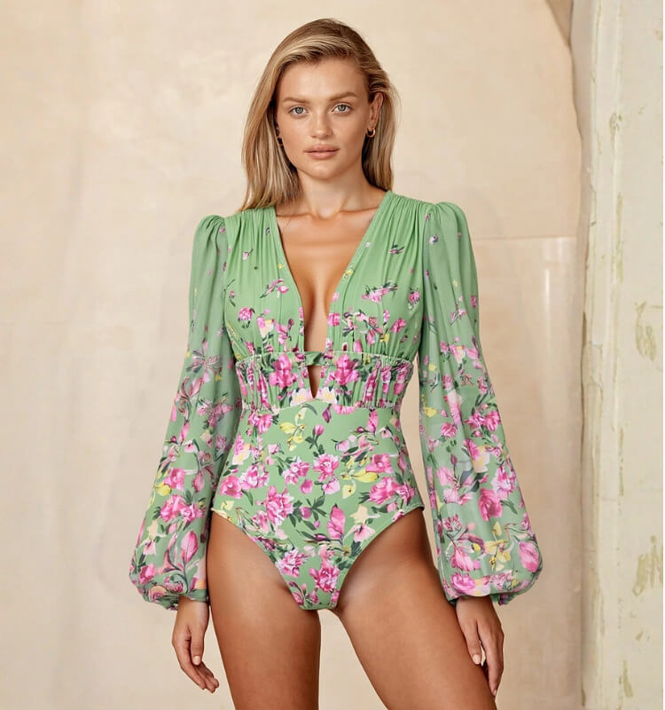 Green Floral Tie Halter Swimsuit Set