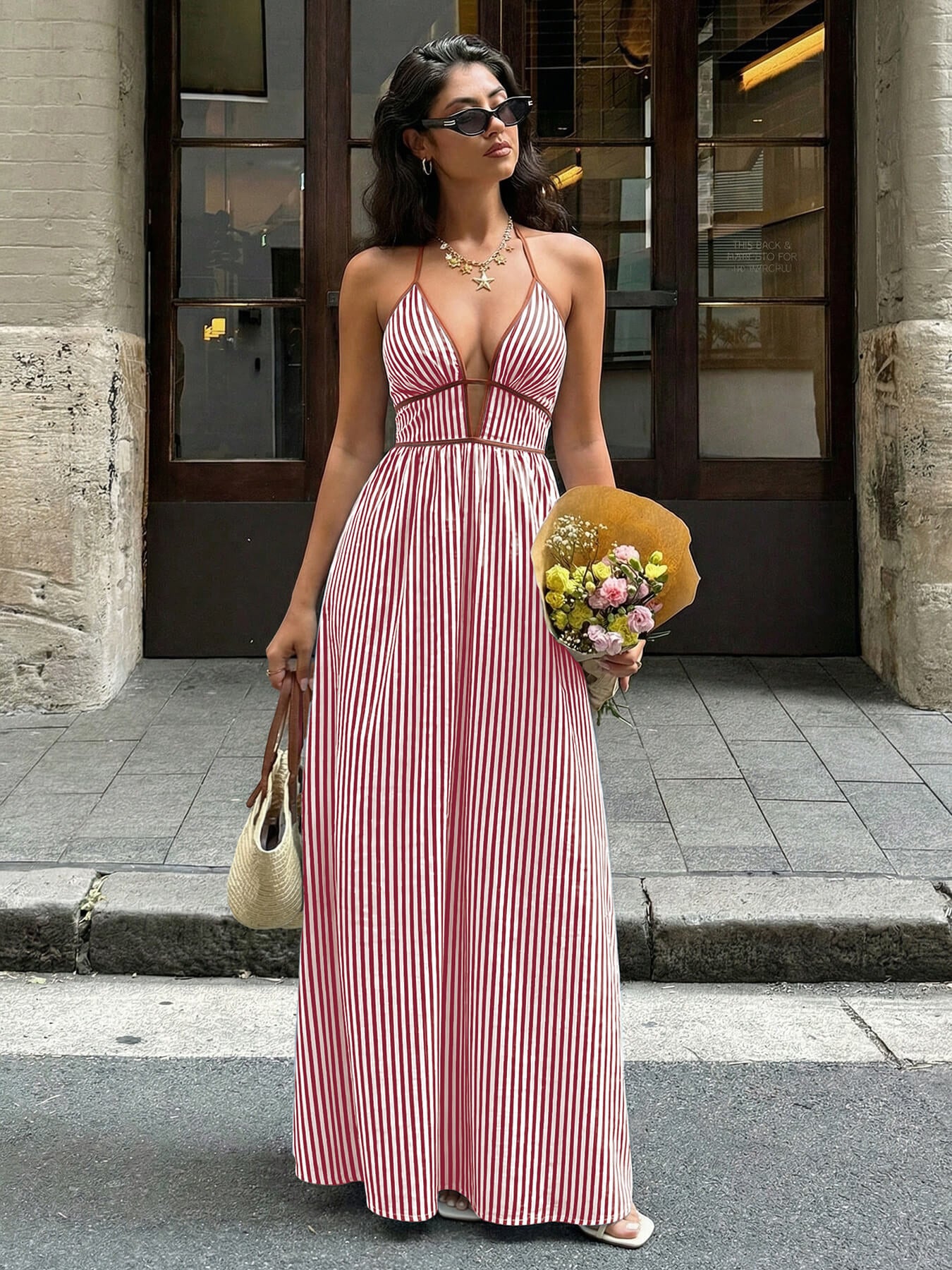 Striped Halter Cutout Maxi Dress