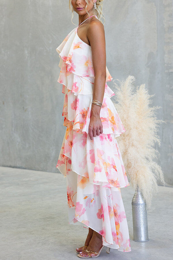 Pink Floral Halter Tiered Maxi Dress