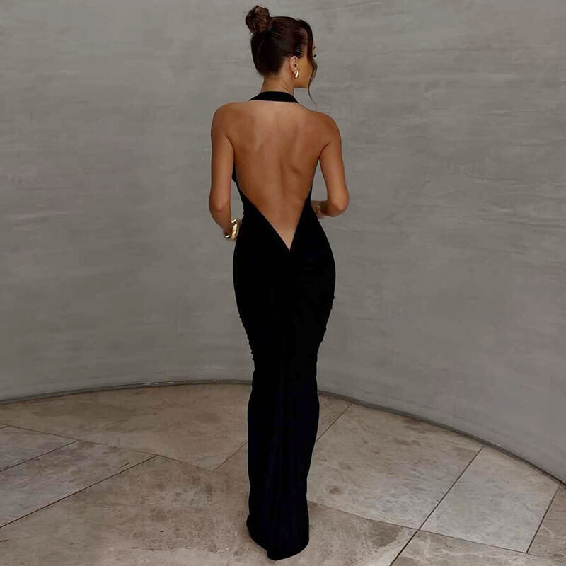 Halter Backless Ruched Maxi Dress