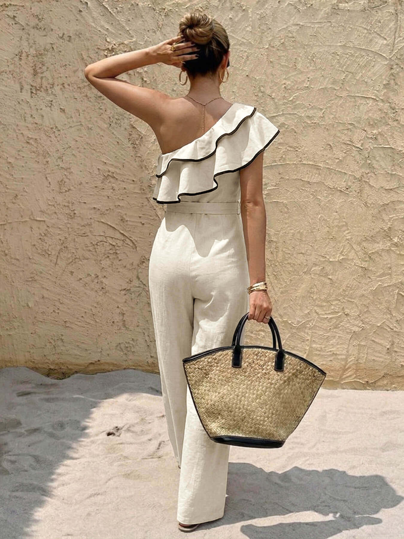 Beige One-Shoulder Ruffle Jumpsuit