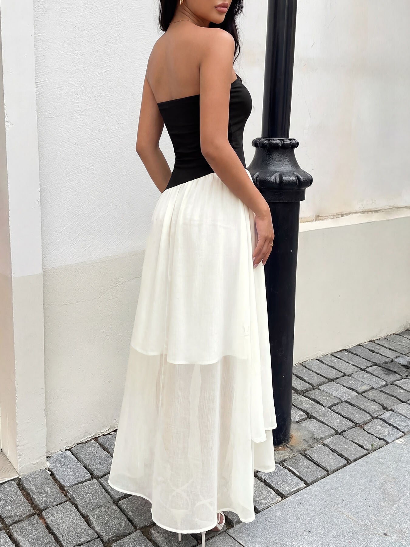 Black and White Strapless Bow Maxi Dress