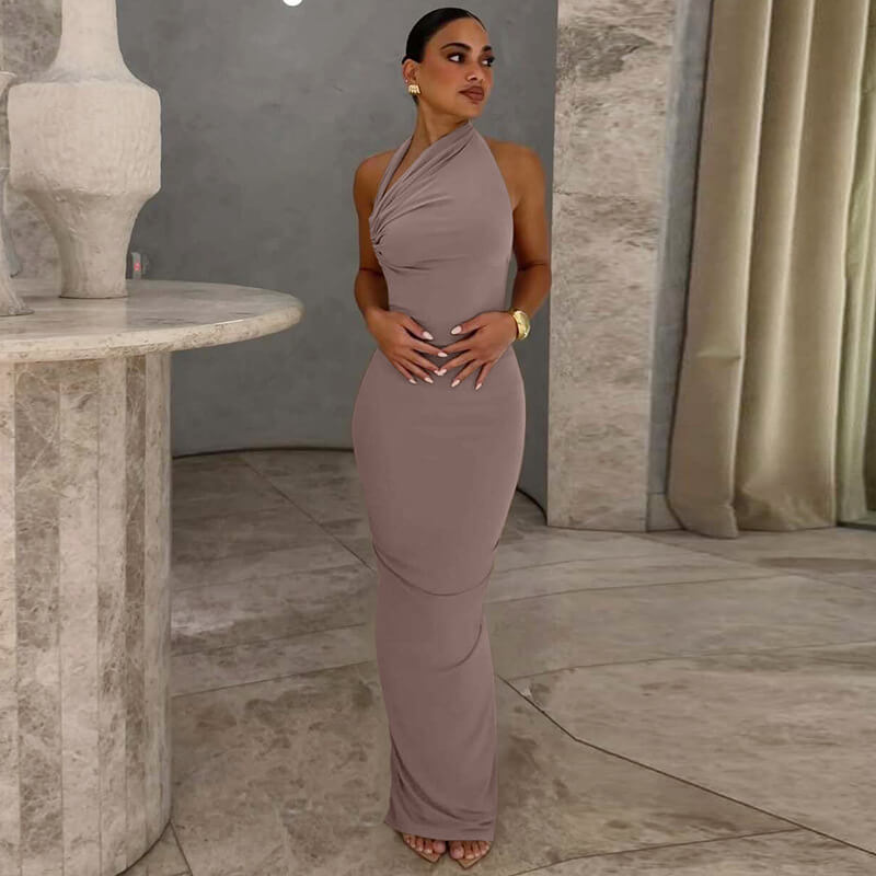 Halter Backless Ruched Maxi Dress