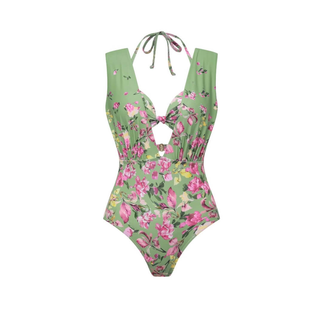 Green Floral Tie Halter Swimsuit Set