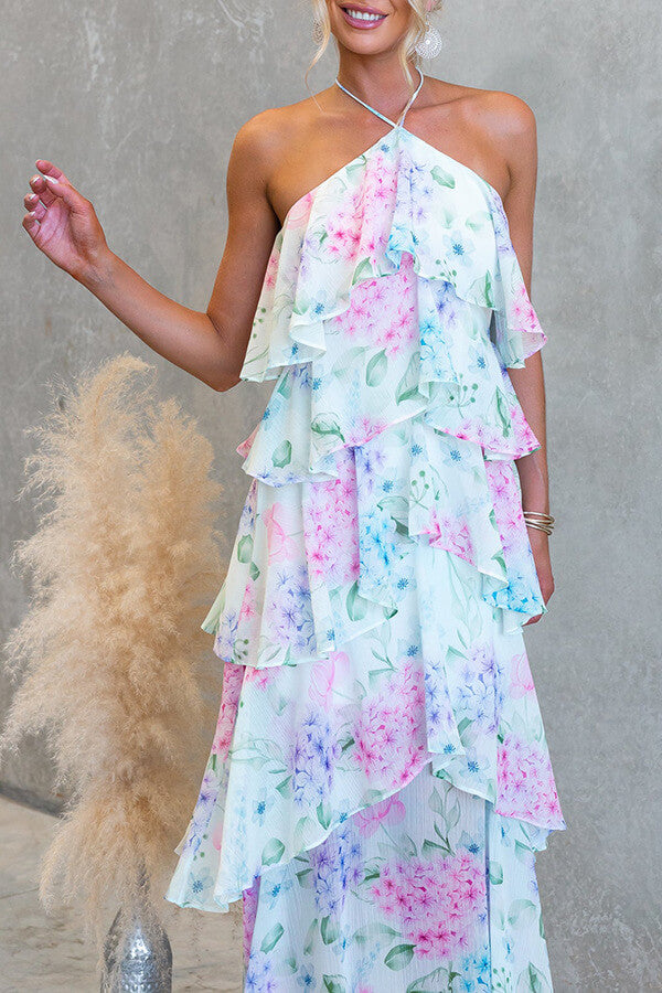 Pink Floral Halter Tiered Maxi Dress