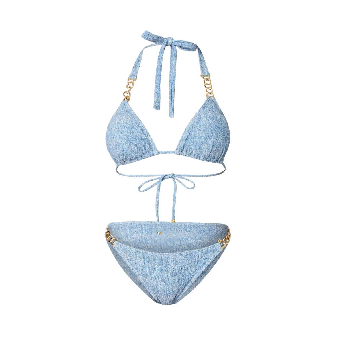 Denim-Print Halter Swimwear with Wrap Skirt