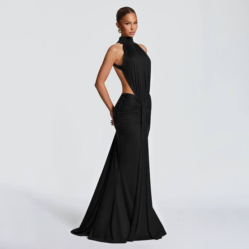 Stand Collar Backless Maxi Dress