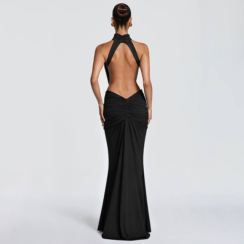 Stand Collar Backless Maxi Dress