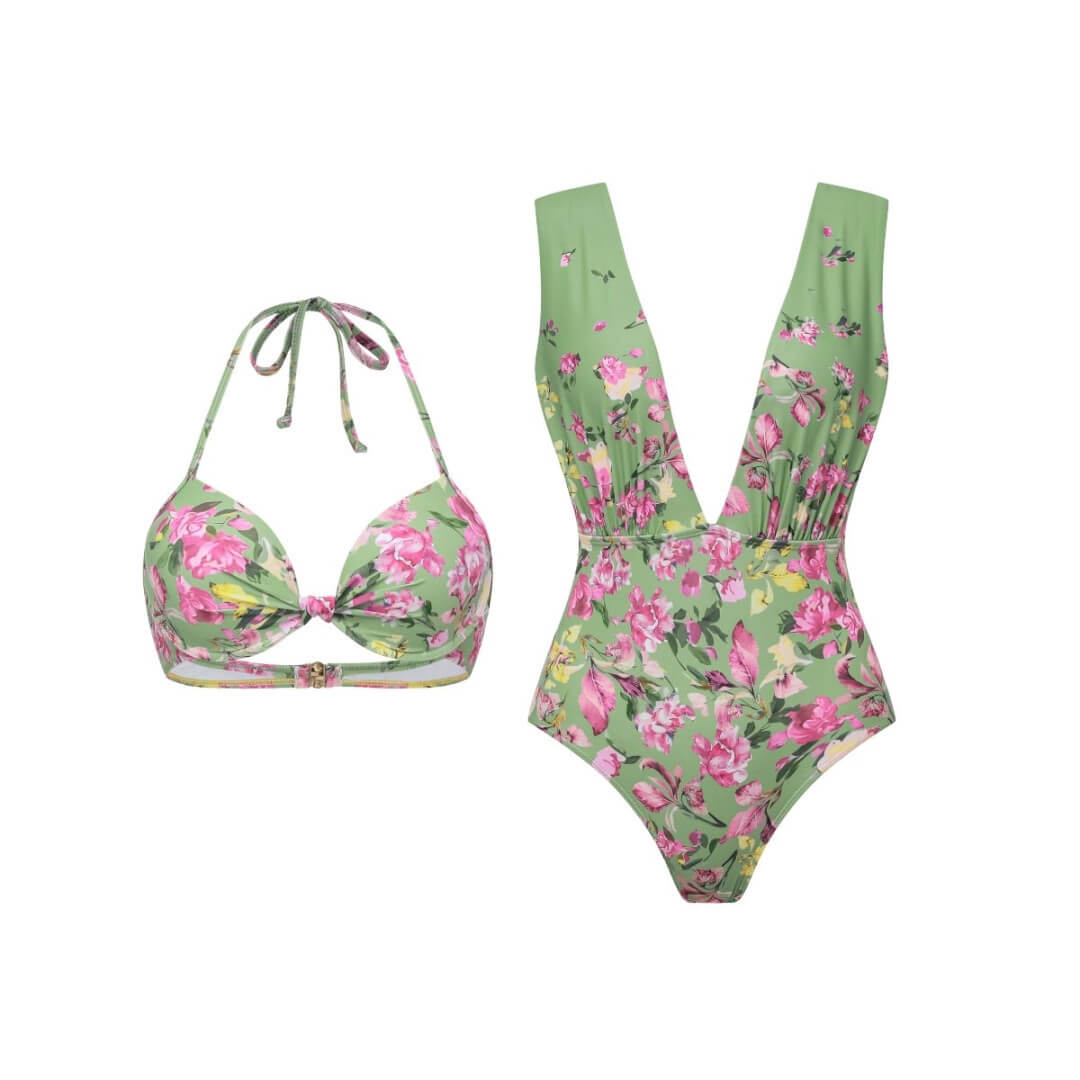 Green Floral Tie Halter Swimsuit Set