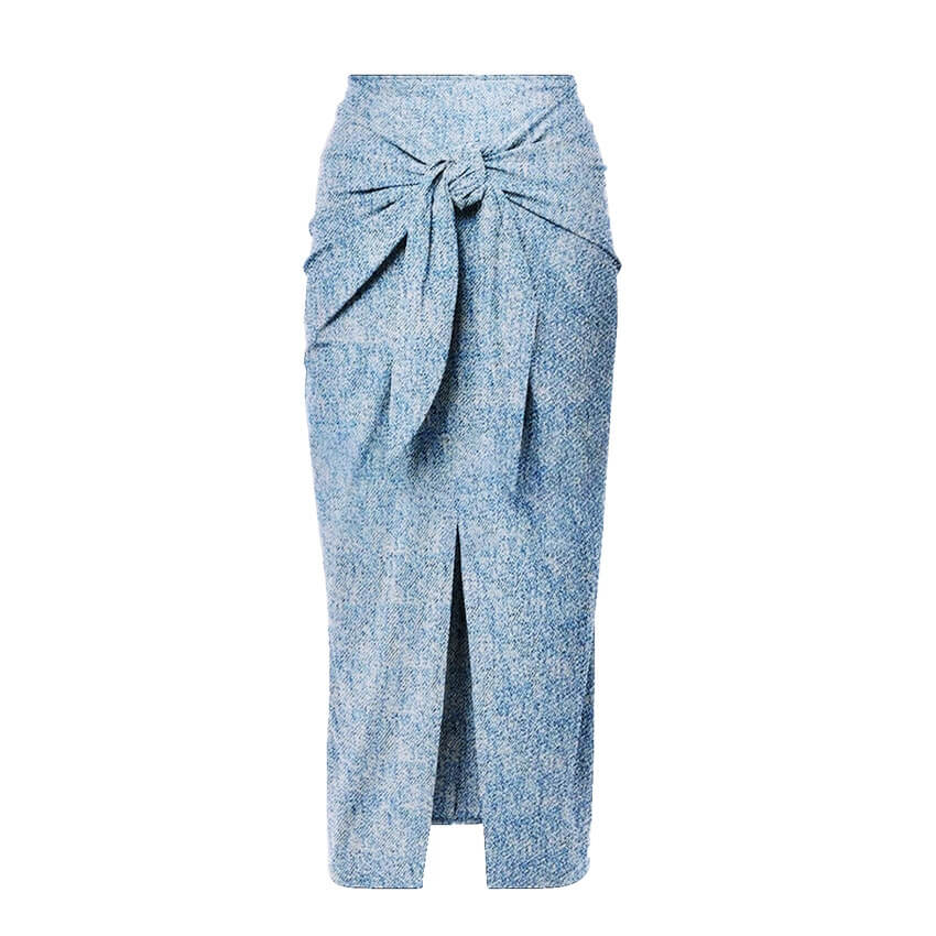 Denim-Print Halter Swimwear with Wrap Skirt