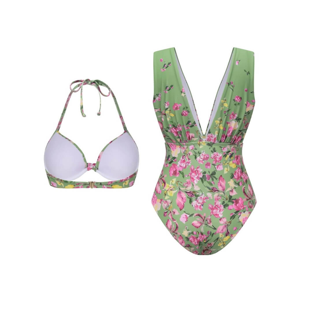 Green Floral Tie Halter Swimsuit Set