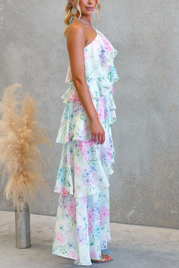 Pink Floral Halter Tiered Maxi Dress