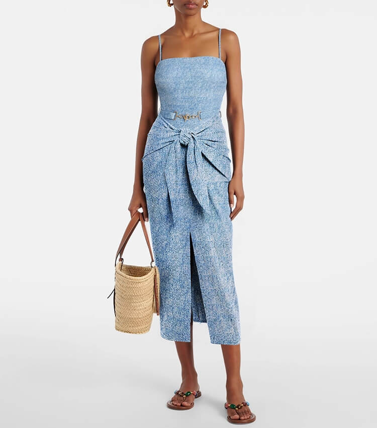 Denim-Print Halter Swimwear with Wrap Skirt