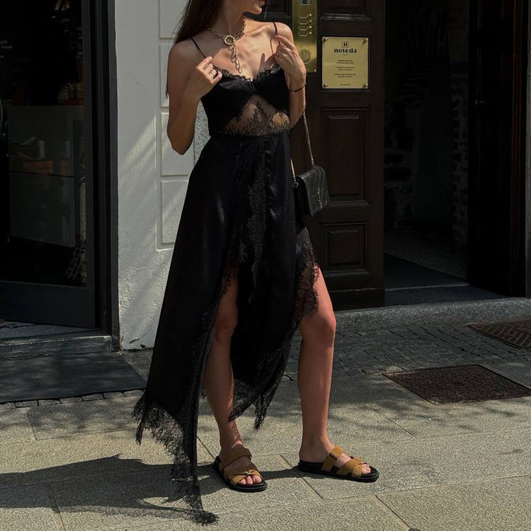 Women Clothing Sexy Dress Lace Stitching Irregular Asymmetric Slit Hemline at Hem Cami Dress